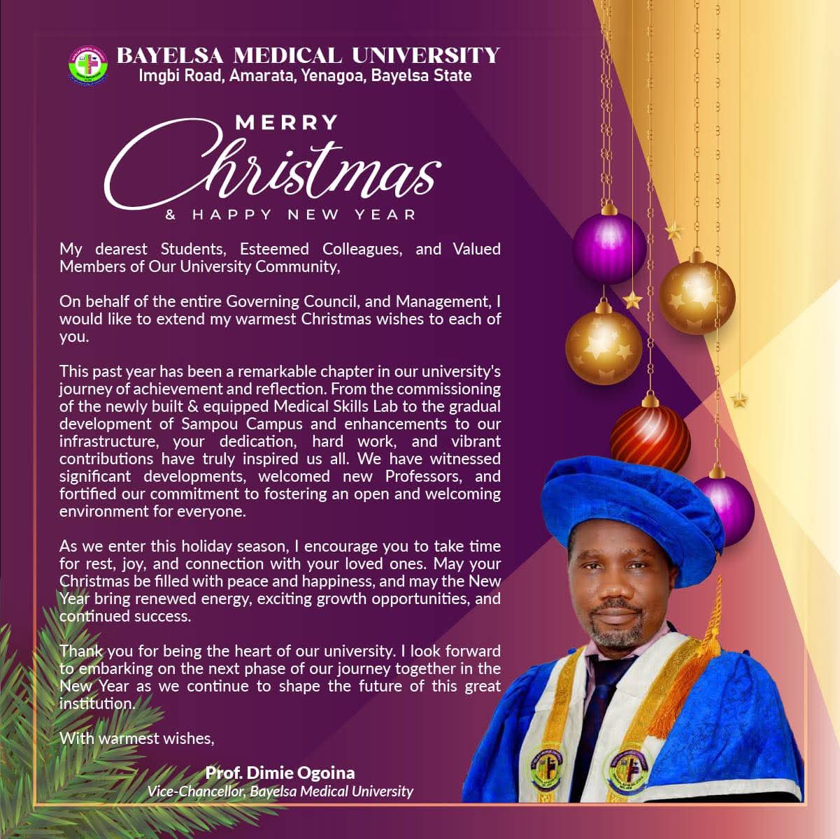 NEW YEAR MESSAGE FROM THE VICE CHANCELLOR OF THE BAYELSA MEDICAL UNIVERSITY-BMU, YENAGOA.